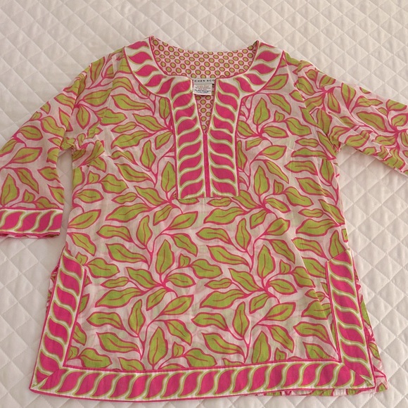 Gretchen Scott Designs Tops - Gretchen Scott Designs Pink and Green Leaf Tunic